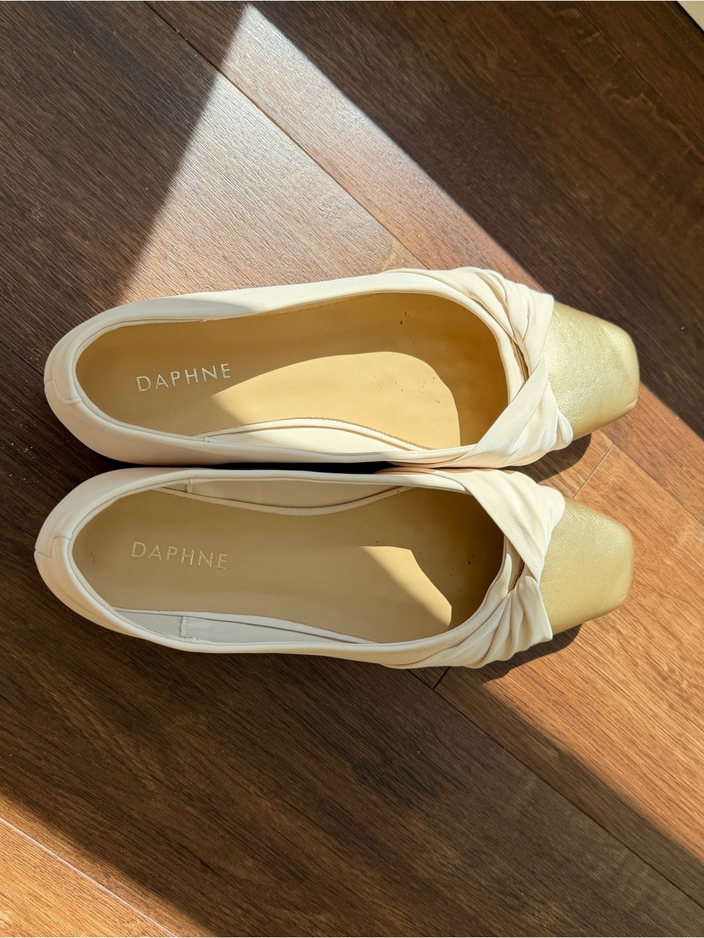 Women's Cream Ballet Flats with Gold Cap Toe